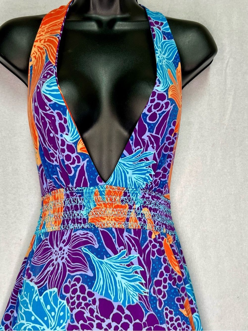Y2K Moda Intl Plunge Halter Maxi Dress Psychedelic Floral Smocked Boho Flowy M